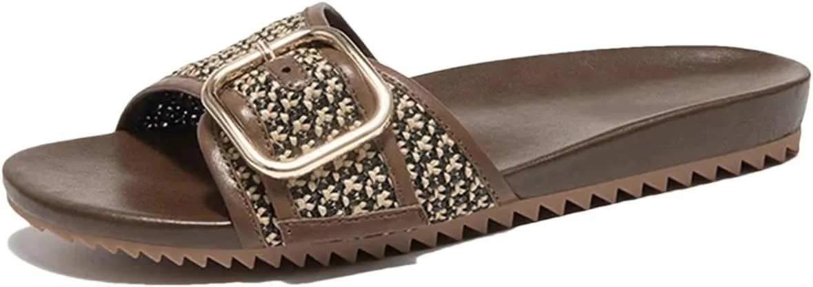 Women's Microfiber Woven Slippers - Metal Buckle Summer Beach Flats