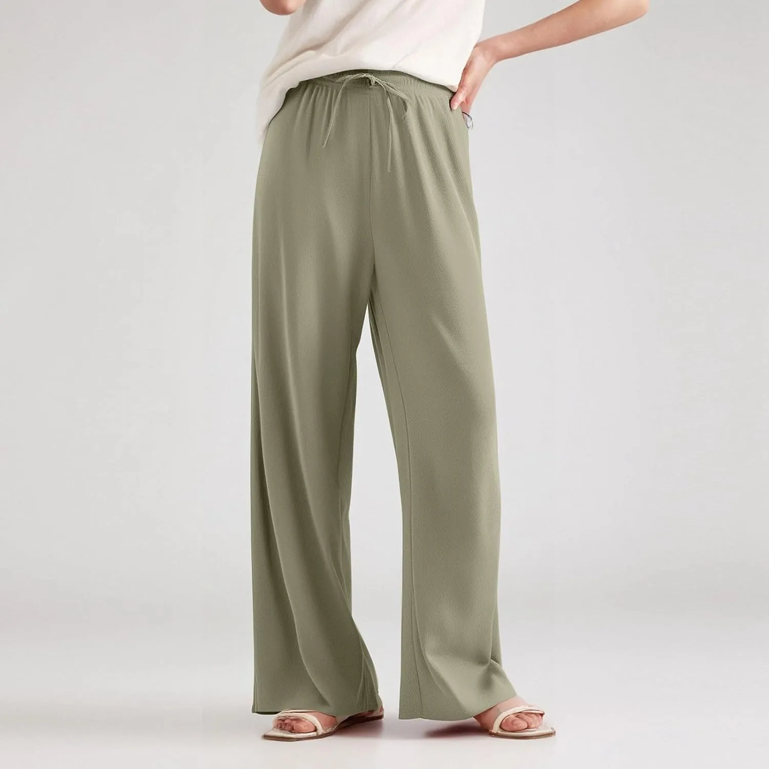 Women's Pants Casual Long Wide Leg High Waisted Trousers Loose Fit Drawstring Pleated Pull On Vacation Trousers
