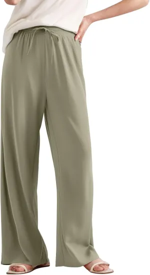 Women's Pants Casual Long Wide Leg High Waisted Trousers Loose Fit Drawstring Pleated Pull On Vacation Trousers
