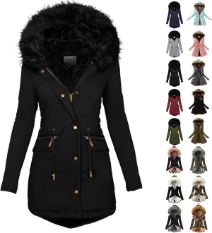 Womens Parka Jacket Winter Thicken Warm Faux Fur Plus Size Coats Casual Mid Length Fleece Lined Windbreaker Puffer Jacket Overcoat Outdoor Clothes for Snow with Removable Wool Hood A-Black 3XL