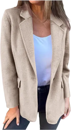 Womens Plus Size Blazer Wool Blend Lapel Causal Business Open Front Short Jacket Pea Coat Warm Cozy Fall Trench Coat