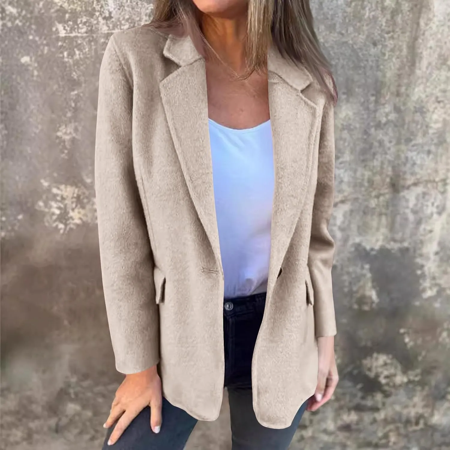 Womens Plus Size Blazer Wool Blend Lapel Causal Business Open Front Short Jacket Pea Coat Warm Cozy Fall Trench Coat