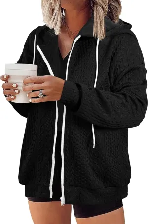 Womens Plus Size Hoodies Sweatshirt Zip Up Long Sleeve Jacket Cable Knit Lightweight Sweater Coat with Pockets