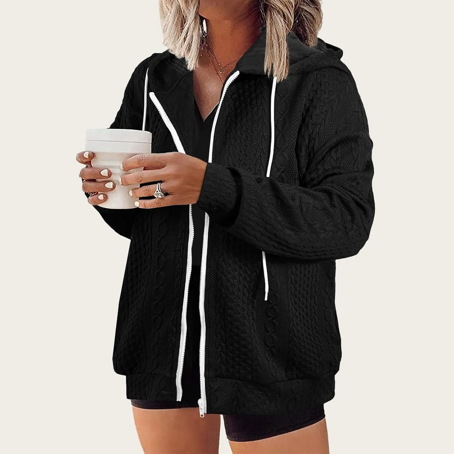 Womens Plus Size Hoodies Sweatshirt Zip Up Long Sleeve Jacket Cable Knit Lightweight Sweater Coat with Pockets