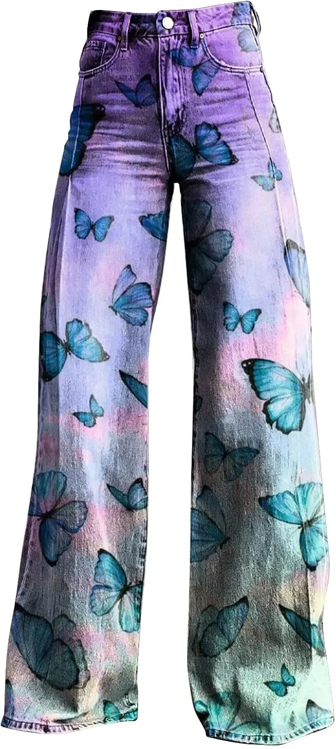 Women's Print Straight Hippie Pants High Waist Casual Trendy Wide Leg Trousers Loose Tie Dye Pants Vintage Cargo Pants