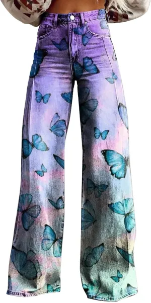 Women's Print Straight Hippie Pants High Waist Casual Trendy Wide Leg Trousers Loose Tie Dye Pants Vintage Cargo Pants