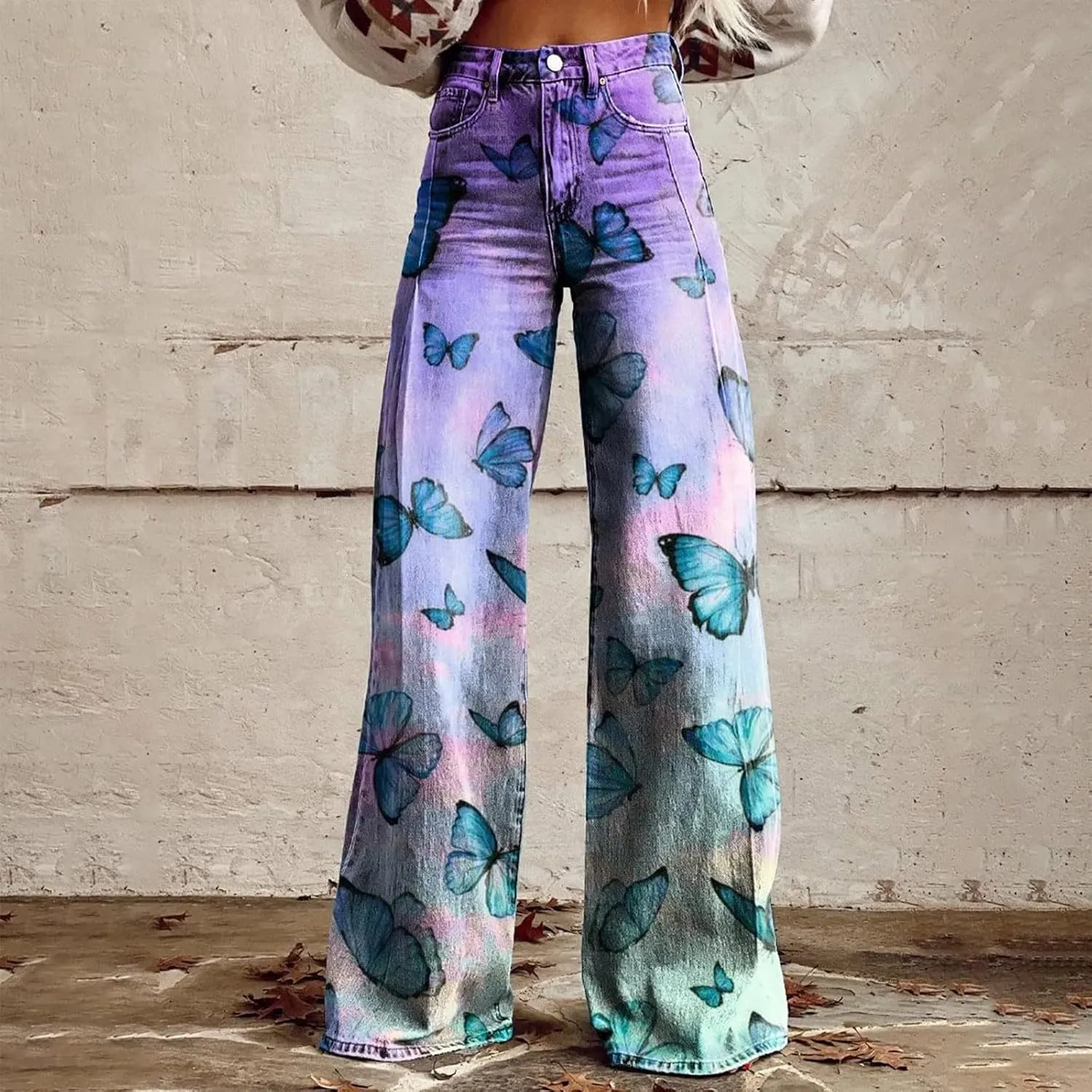 Women's Print Straight Hippie Pants High Waist Casual Trendy Wide Leg Trousers Loose Tie Dye Pants Vintage Cargo Pants