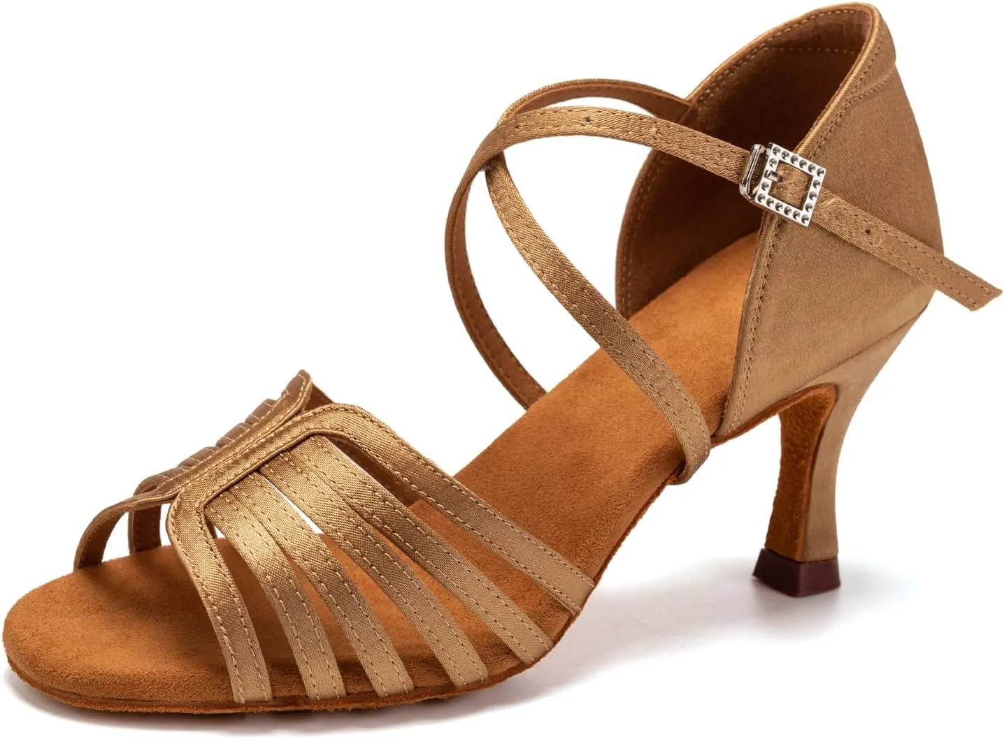 Women's Satin Latin Dance Shoes Professional Ballroom Salsa Performance Practice Dancing Shoes,Model EM-Suede Sole-3Heel