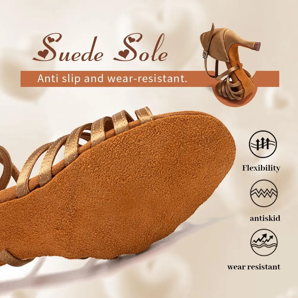 Women's Satin Latin Dance Shoes Professional Ballroom Salsa Performance Practice Dancing Shoes,Model EM-Suede Sole-3Heel