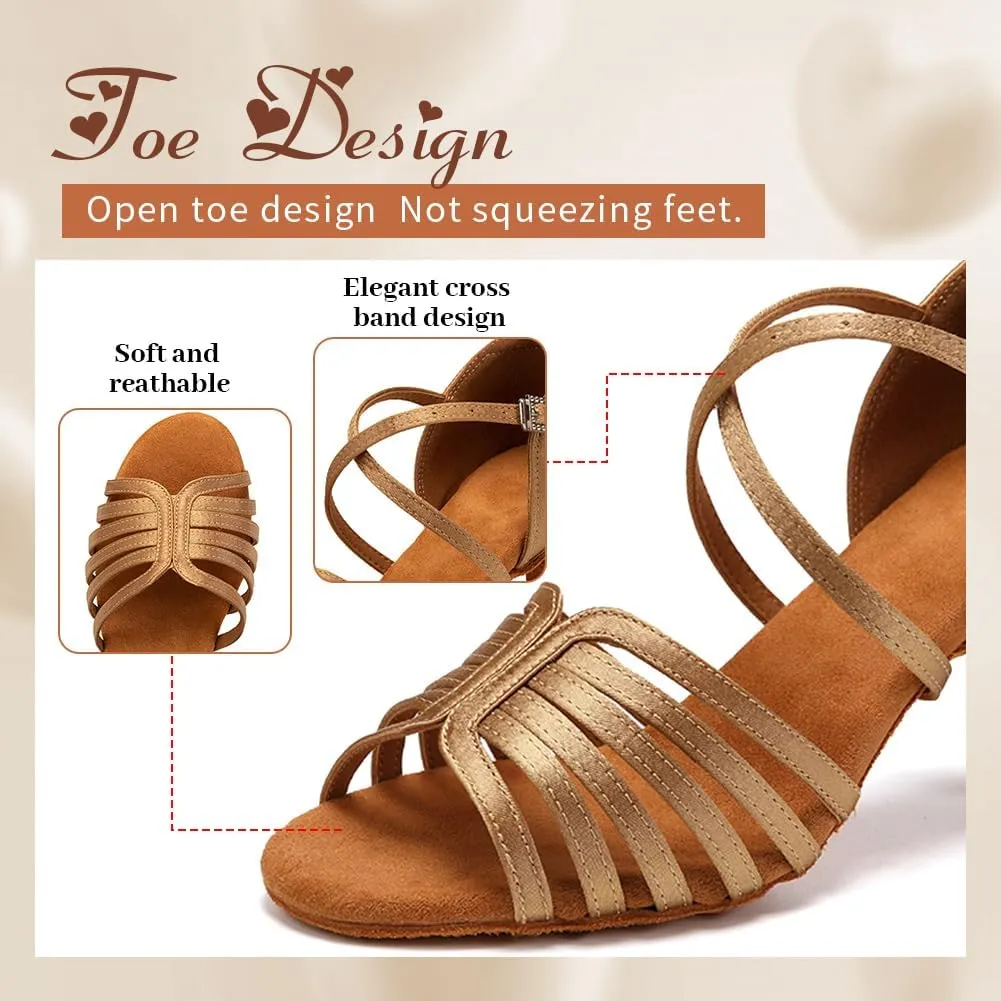 Women's Satin Latin Dance Shoes Professional Ballroom Salsa Performance Practice Dancing Shoes,Model EM-Suede Sole-3Heel