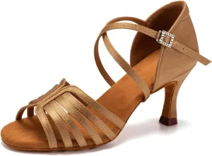 Women's Satin Latin Dance Shoes Professional Ballroom Salsa Performance Practice Dancing Shoes,Model EM-Suede Sole-3Heel