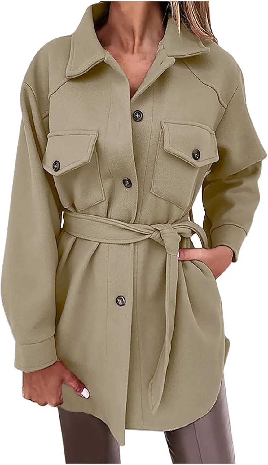Womens Trench Coats Lapel Button Down Peacoat with Belted Casual Fall Winter Fleece Jackets Mid-Long Fashion Outwear