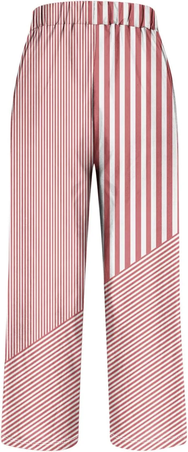 Women's Vintage Stripe Print Pants High Elastic Waist Wide Leg Capri Beach Cropped Palazzo Slacks Clothes with Pockets