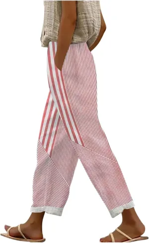 Women's Vintage Stripe Print Pants High Elastic Waist Wide Leg Capri Beach Cropped Palazzo Slacks Clothes with Pockets