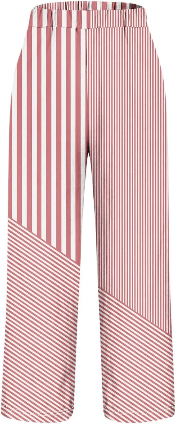 Women's Vintage Stripe Print Pants High Elastic Waist Wide Leg Capri Beach Cropped Palazzo Slacks Clothes with Pockets