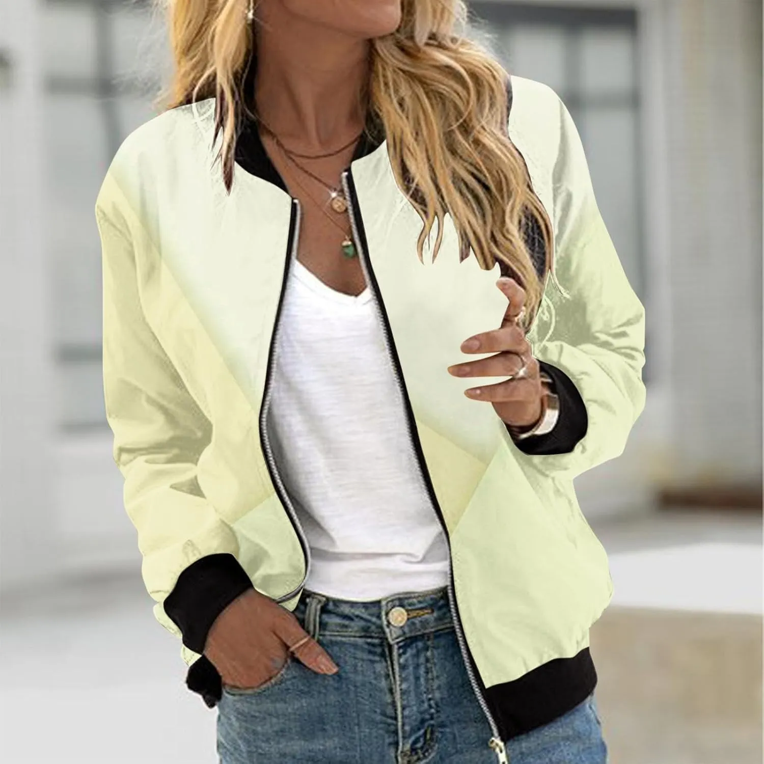 Women's Winter Coats Trendy Color Block Zipper Jackets Long Sleeve Casual Fit Coat with Pockets Outerwear