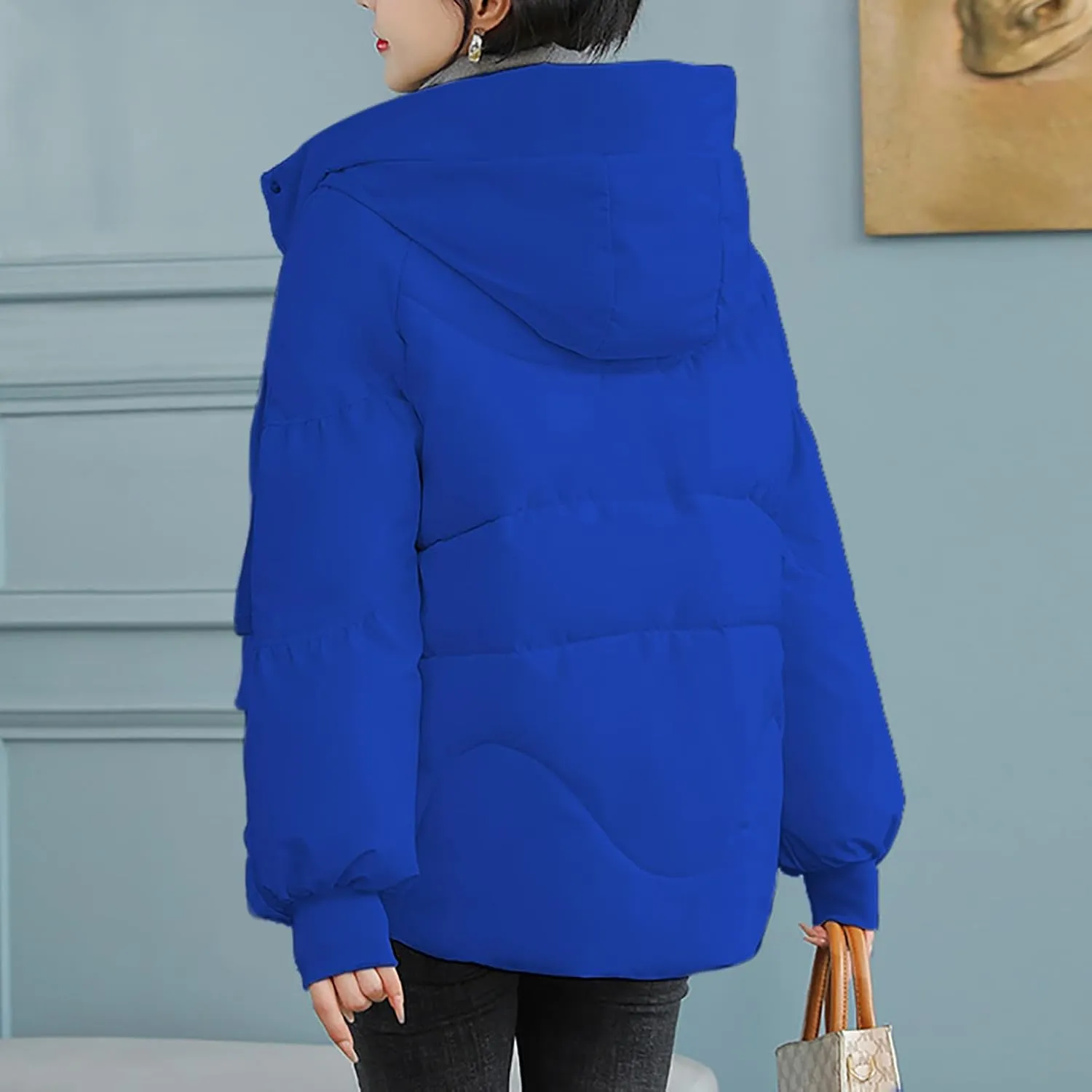 Womens Winter Down Jacket Warm Padded Wadded Jackets High-Neck Hooded Puffer Coats Outerwear with Pockets