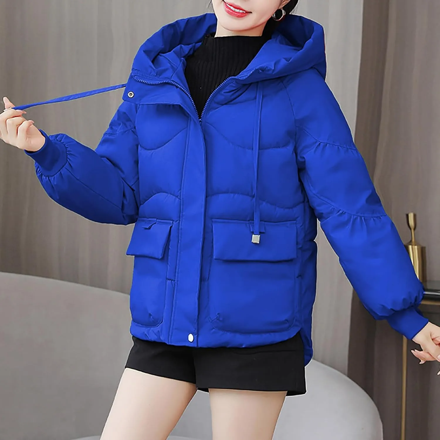 Womens Winter Down Jacket Warm Padded Wadded Jackets High-Neck Hooded Puffer Coats Outerwear with Pockets