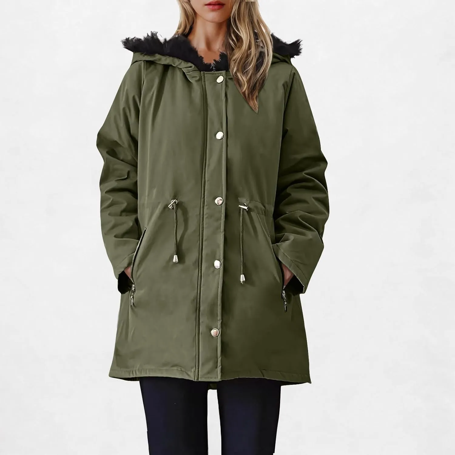 Women's Winter Windproof Parka Coats Warm Puffer Down Jackets Quilted Military Anorak Trench Coats With Faux Fur Hood