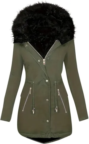 Women's Winter Windproof Parka Coats Warm Puffer Down Jackets Quilted Military Anorak Trench Coats With Faux Fur Hood