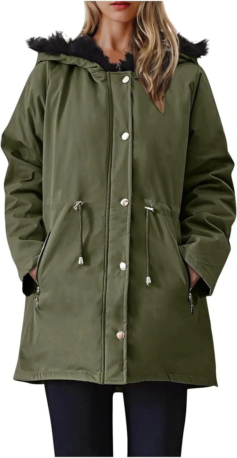Women's Winter Windproof Parka Coats Warm Puffer Down Jackets Quilted Military Anorak Trench Coats With Faux Fur Hood