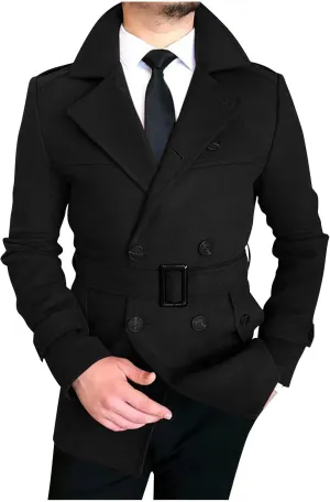 Xiaojmake Men's Double Breasted Trench Coat Notch Lapel Peacoat Mid Long Windbreaker Fall Classic Belted Wool Blend Overcoat