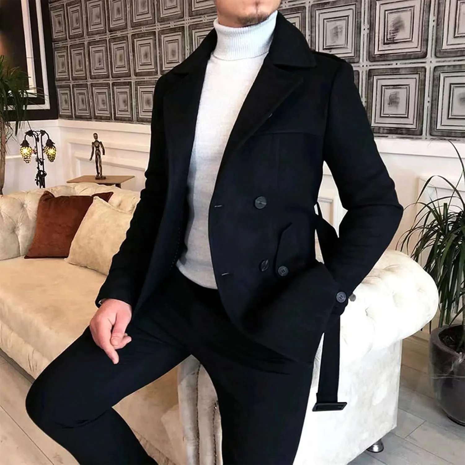 Xiaojmake Men's Double Breasted Trench Coat Notch Lapel Peacoat Mid Long Windbreaker Fall Classic Belted Wool Blend Overcoat