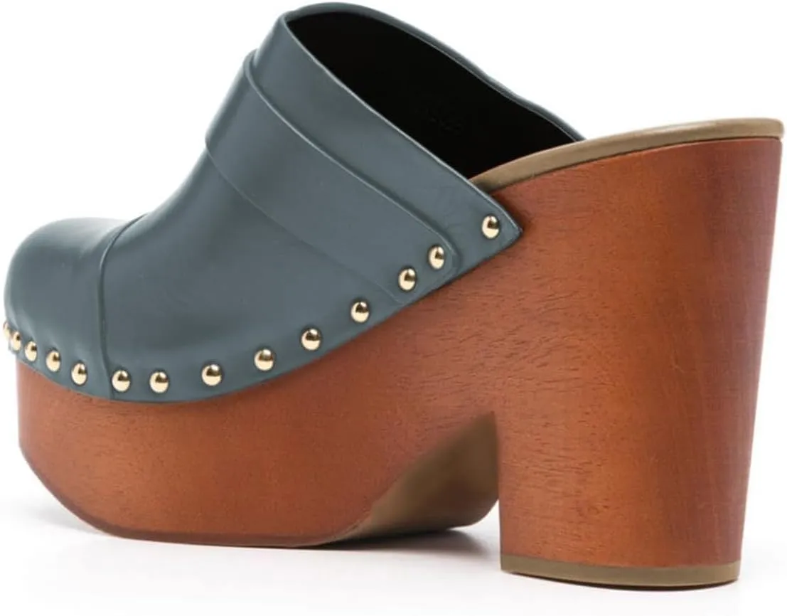 YDN Women's Chic Platform Closed Round Toe Mules Rivet Studded Chunky Block Heels Buckled Strap Slip On Sandals Daily Outfit Dress Slide Shoe Size 4-16 US