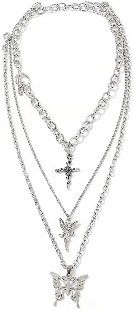 YERTTER Dainty Punk Layering Chunky Chain Choker Toggle Necklace Boho Jewelry Set Layered Butterfly Cross Angel Pendant Statement Necklace Festival Statement Necklace for Women Man