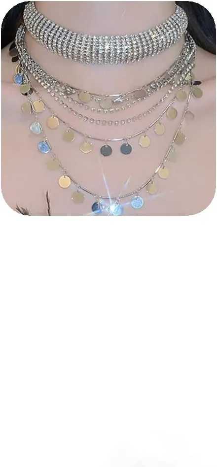 YERTTER Luxury Exaggerated Silver Multi-Layered Sequins Tassel Collar Choker Necklace Statement Rhinestone Choker for Women